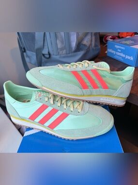 adidas Mint Green Sneakers with Neon Coral Stripes and Pale Yellow Laces